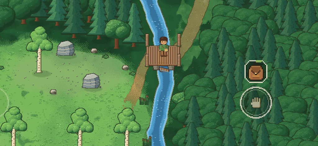 The character standing on the repaired Forest Edge bridge, above the river, between the birches and the forest.