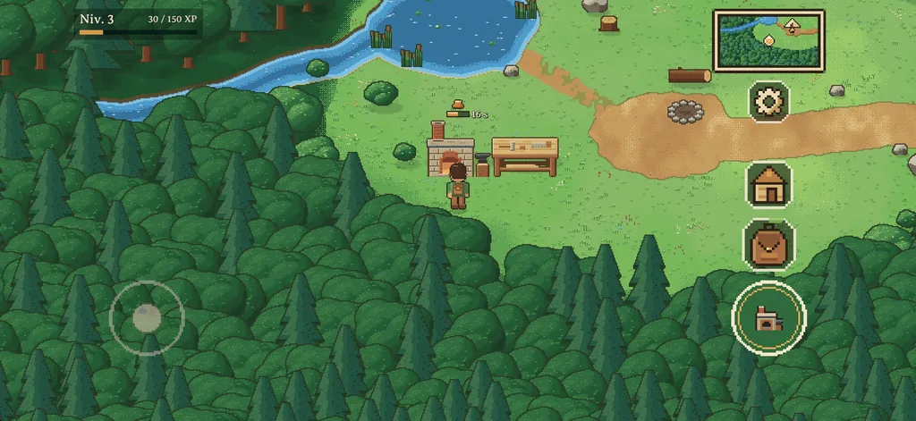 The Camp by the lake: the character standing by the lit Forge and the Workbench, surrounded by forest.