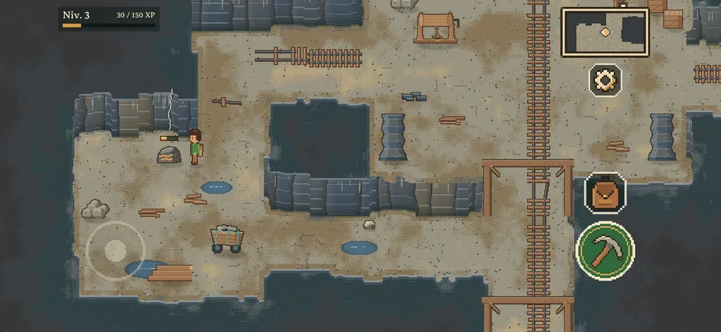 In the Mine Tunnels: the character breaks a copper vein with a pickaxe, next to a mine cart and rails.