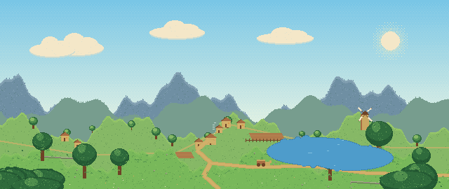 A scene from the game's intro: villages, fields and a windmill linked by paths at the foot of the mountains.