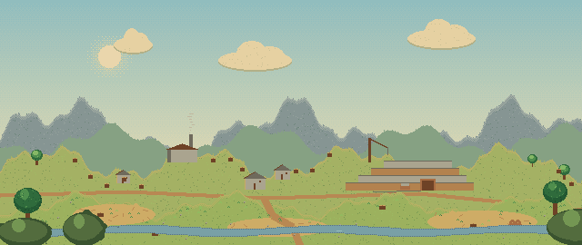 A scene from the game's intro: stumps as far as the eye can see, a factory and grey houses on worn-out land.