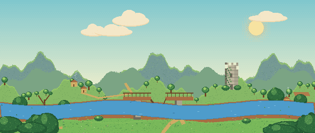 A scene from the game's intro: a broken bridge over a river, an old ivy-covered tower, the forest growing back.